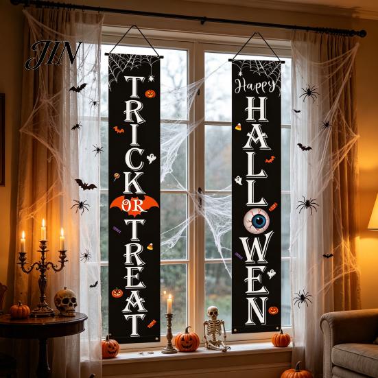 Durable Fabric Banner Halloween Porch Sign Banner, Pumpkin Ghost Party Awning Hanging Wall Decorative Holiday Door Decoration, Front Wreath