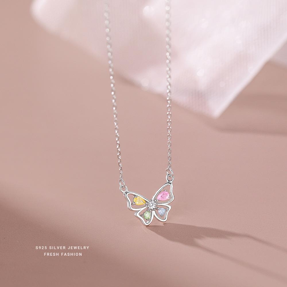 925 Sterling Silver Korean Sweet Colored Zircon Butterfly Pendant Necklace for Women Wedding Party Jewelry