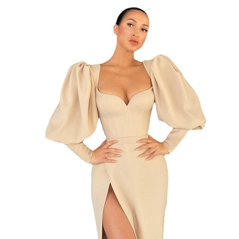 Robe Sexy Européenne Et Américaine À Décolleté Plongeant Bas Manches Lanterne Assemblage Robe Fendue sur la Hanche pour Femme Robe de Soirée