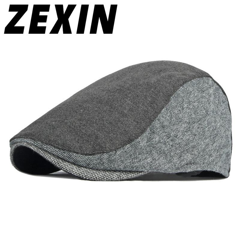 ZEXIN Autumn and Winter Hat Men's Beret England Retro Splicing Thickened Warm Duck Tongue Cap Female Literary Youth Forward Cap