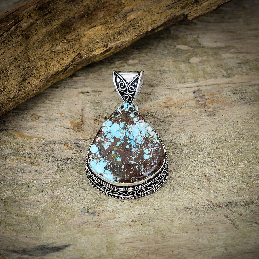 Tibetan Turquoise Gemstone 925 Sterling Silver Jewelry Pendant 2.05" M-38