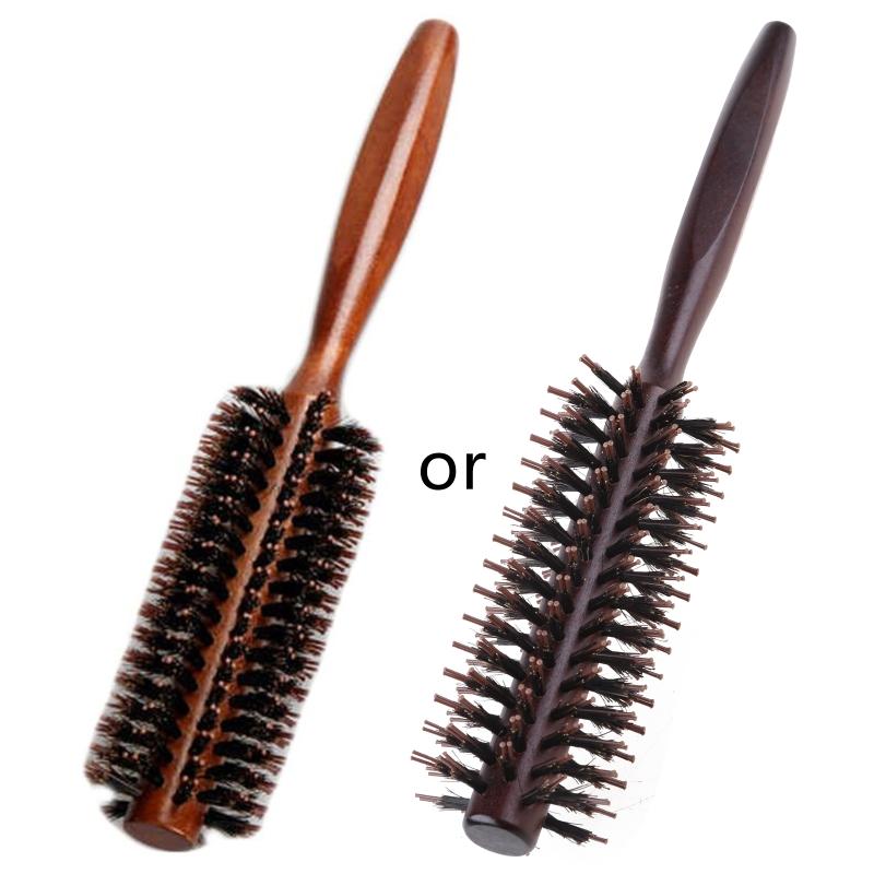 Boar Bristle Round Styling Hair Brush Comb Blow Dryer Curling Roll Massage Hairbrush with Wooden Handle for Women Men