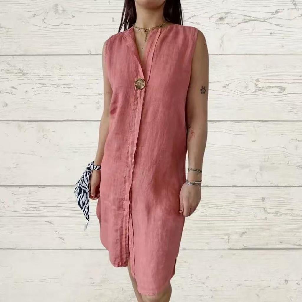Dámské módní a ležérní jednobarevné bavlněné a lněné šaty