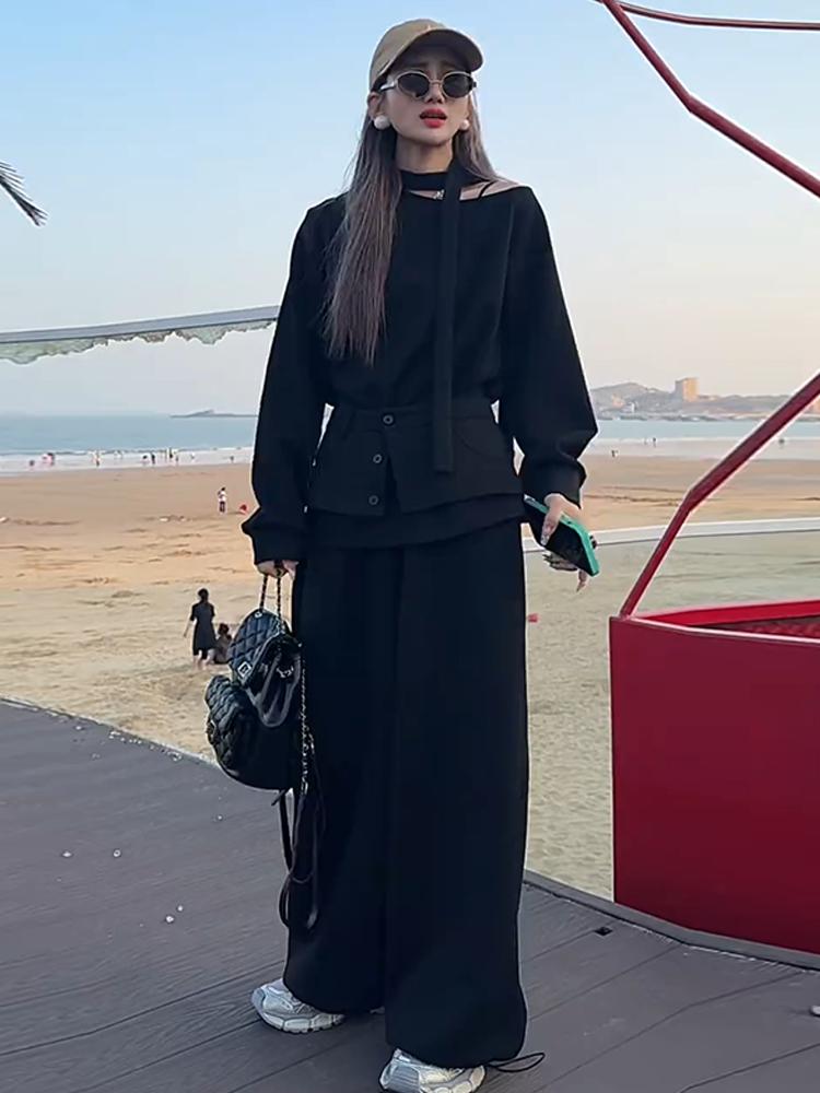 Women's Elegant Three-Piece Suit: Spring 2026 Loose Hoodie, Waistband, and Casual Design