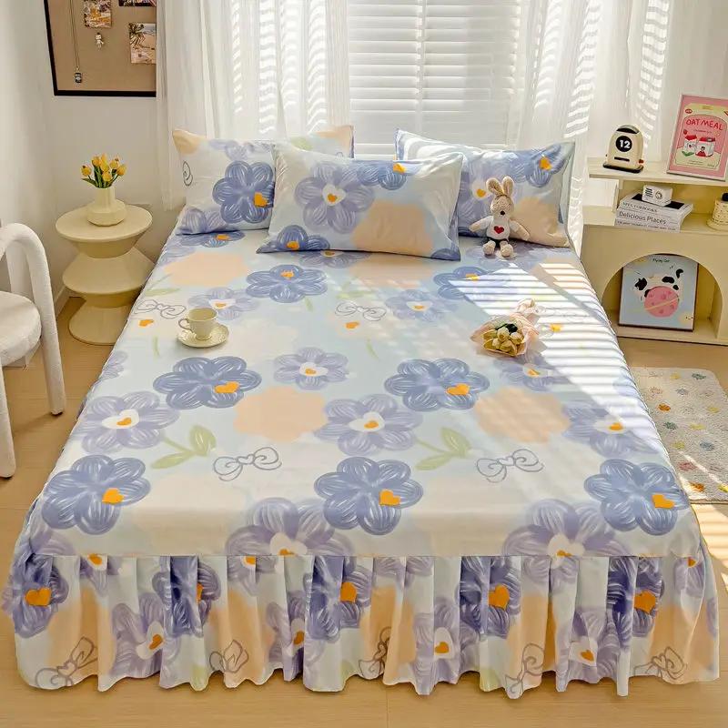 Printed Cotton Bed Skirt Three Piece Set All Season Universal Ruffle Edge Single Bed Cover Soft Comfortable Bedding Bedspread