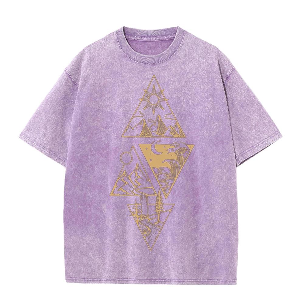2026 Vintage Washed Black Triangle Mountain Wave Sun Moon Graphic T Shirt Nature Wilderness Line Print Oversized Casual Short Sl