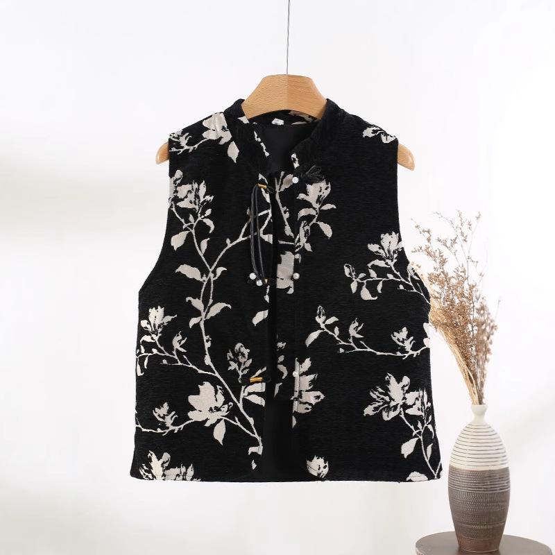 Ruyi Lianyun, New Jacquard Stand-up Collar, Placket Pearl Buckle Vest for Women's Retro Outer Wear Vest