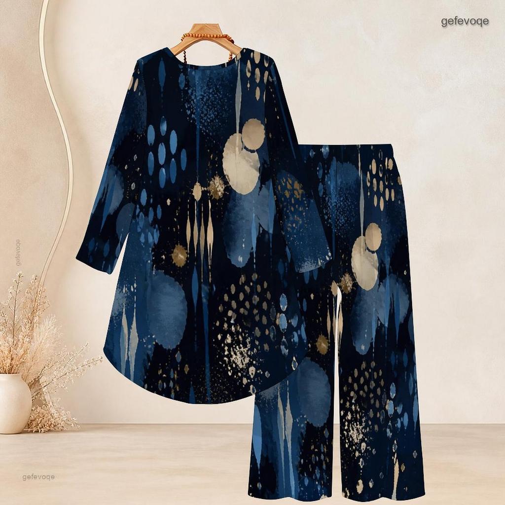 Women Plus Size Two Piece Set Round Neck Long Sleeve Printed High Low Top Wide Leg Pants