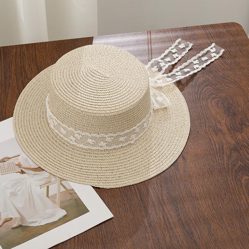 Summer Straw Hat With Lace Ribbon Large Brim Sun Protection For Beach Vacation Women