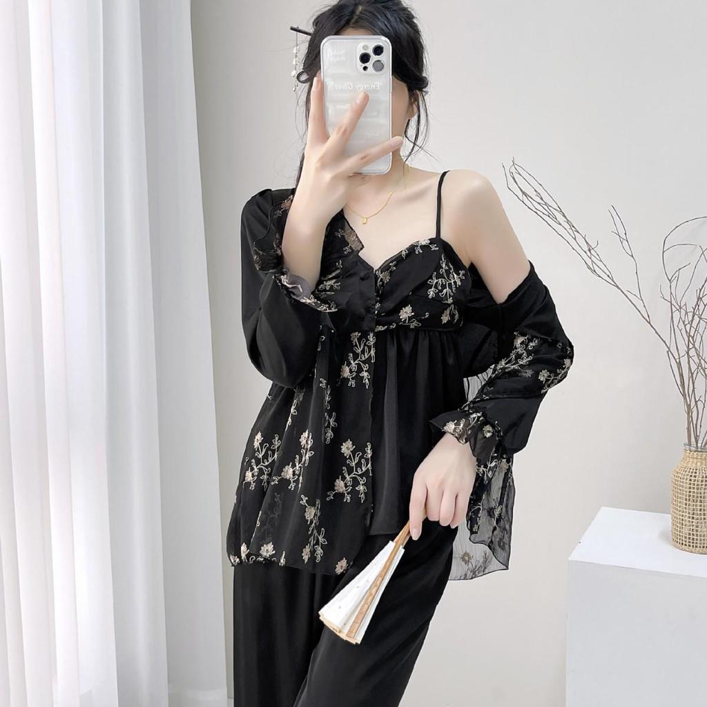 2025 Damen Spitzen Eisseiden Pyjama Dreiteiliges Set - Prinzessinnenstil Langarm & Hose für Zuhause oder Outdoor