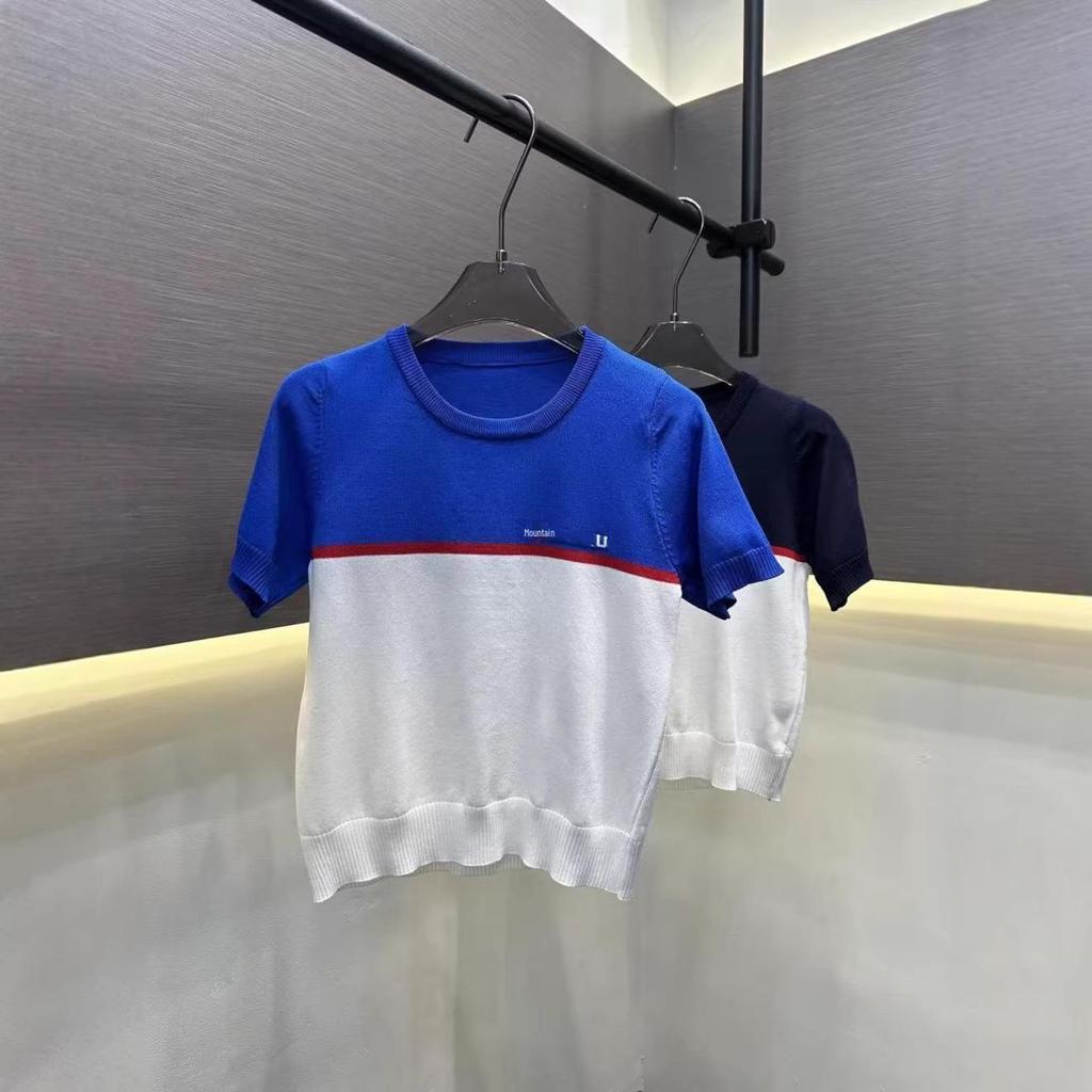Miu Style High-Quality Embroidered Color-Block Knit Short-Sleeve Top for Summer 2026 - Simple, Casual, and Versatile for Trendy Girls