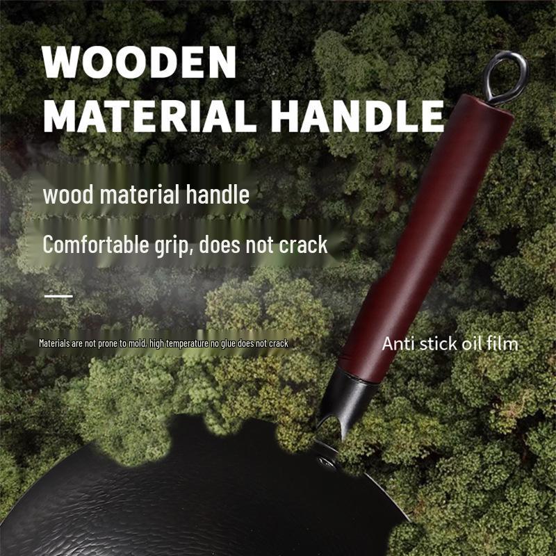 Uncoated Hand-Hammered Forged Iron Wok with Non-Stick Surface and Stir-Fry Spatula for Open Flame Household Cooking