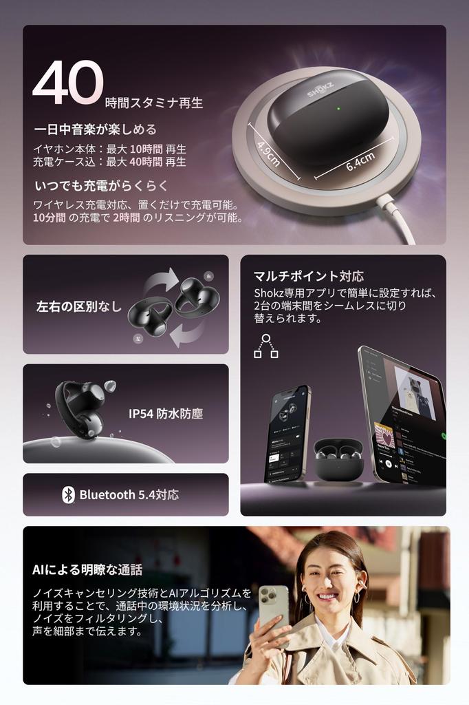 Shokz OpenDots ONE Ear Cuff Wireless Earbuds, Open-Ear Earphones with Dolby Audio, 40 Hours of Playback Time, Sound Leakage Suppression Technology, VG