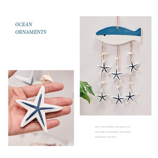 Rustic Ocean Windchime Coastal Beach Theme Wooden Hanging Decor with Hemp Rope for Indoor Outdoor Nautical Patio Garden Decor