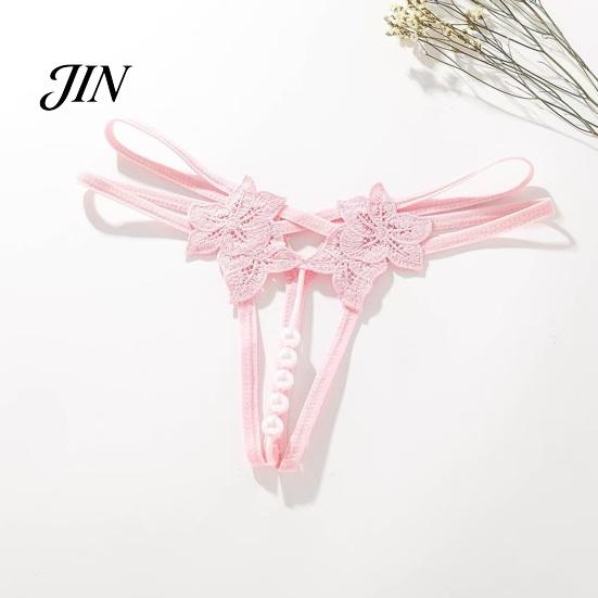 Open Crotch Thong Women's Sexy Faux Pearl G-String Thong, Low Waist Erotic Lace Embroidered Flower Underwear, Strappy Y-Back Stretch Panties Underwear