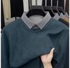 Men's Winter 2025 Faux Two-Piece Fleece-Lined Sweatshirt, Solid Color, Turn-Down Collar, Thick and Warm Long-Sleeve.