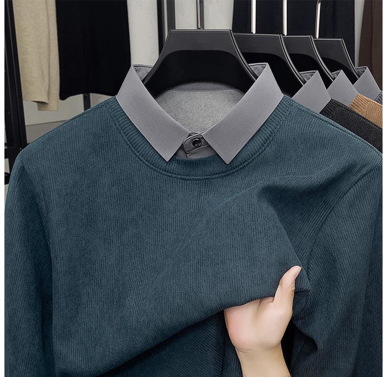 Men's Winter 2025 Faux Two-Piece Fleece-Lined Sweatshirt, Solid Color, Turn-Down Collar, Thick and Warm Long-Sleeve.