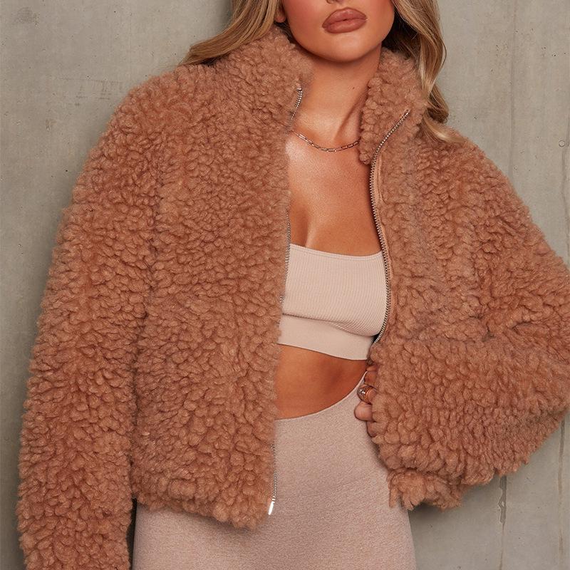 2024 Autumn/Winter European American Women's Plush Lambswool Short Cardigan Jacket
