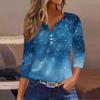 Women's Fashion Casual Christmas Tree Print V-Neck Decorative Button Three-Quarter Sleeve T-Shirt Top