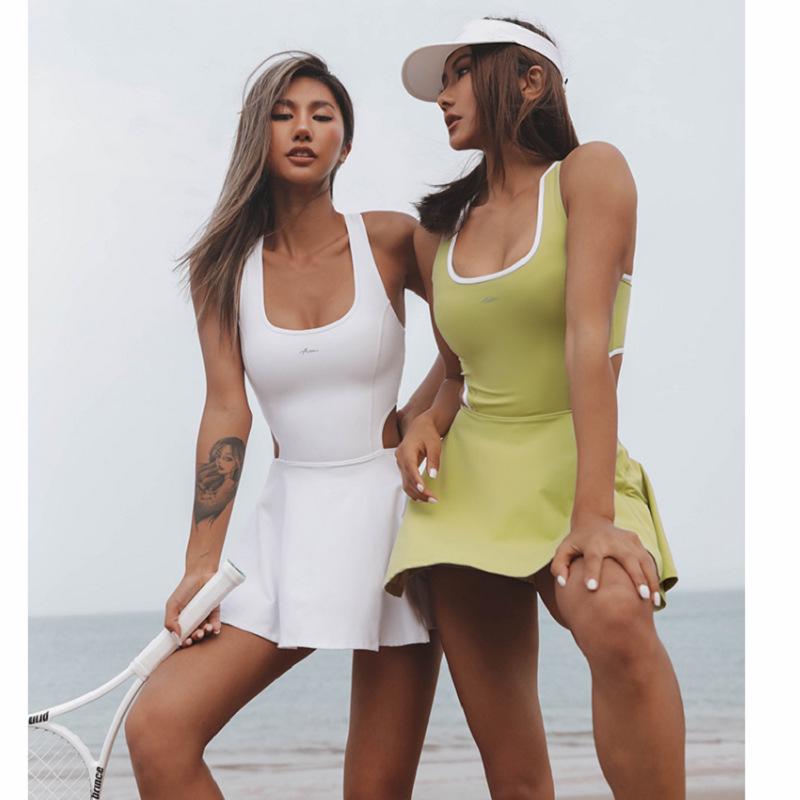 "High-End Nude Yoga Suit: Double-Layer Skirt and Hot Pants Swimsuit"