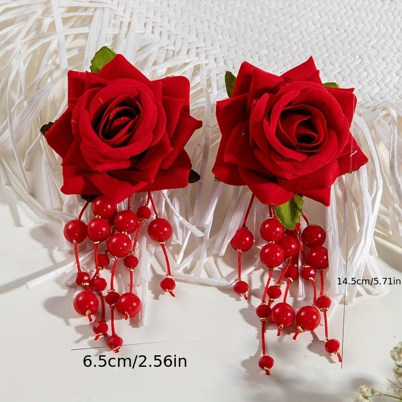 Vintage-Inspired Red Rose Beaded Dangle Earrings - Polyester Fiber, Perfect for Parties & Gifts