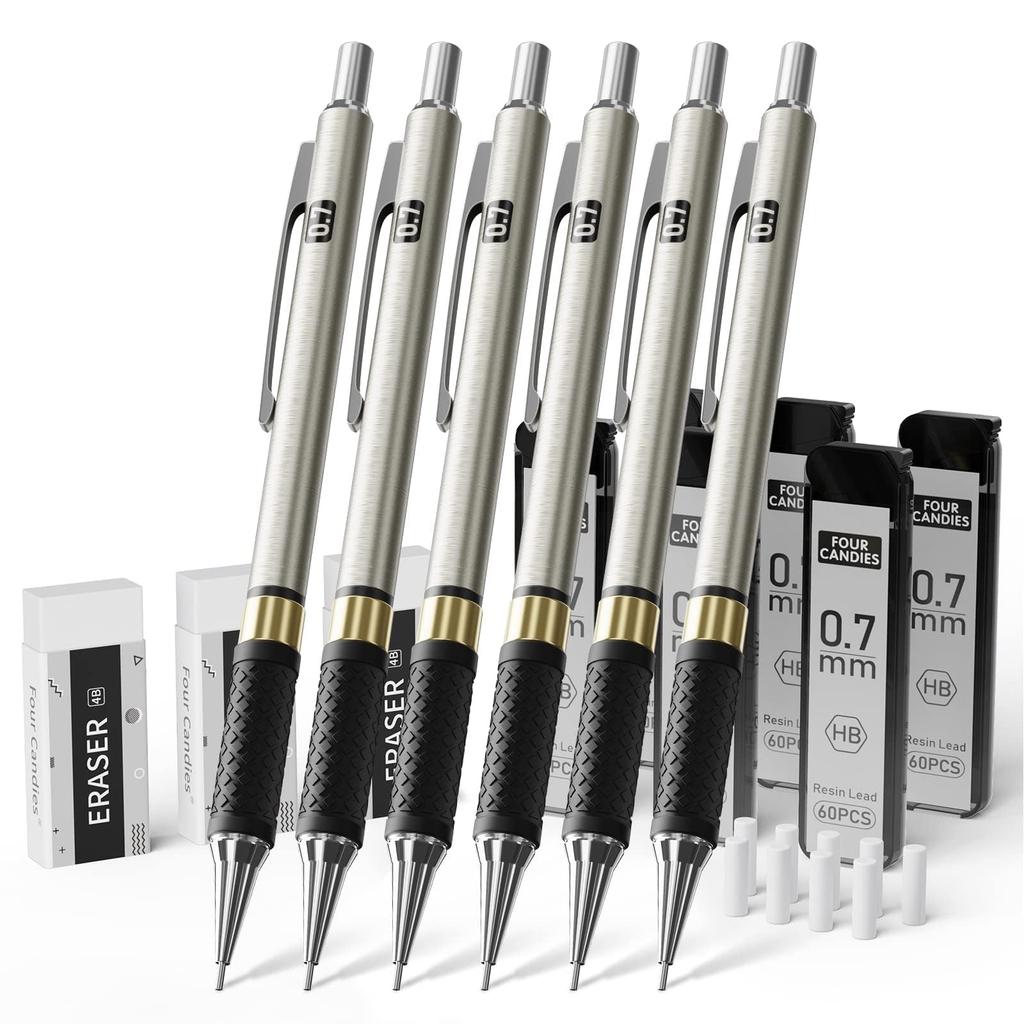 Four Candies Metal Mechanical Pencil Set Art Pencils HB Lead Refills Erasers Eraser Drafting Writing and Sketching Pencils with Case - 6-Pack 0.7mm &