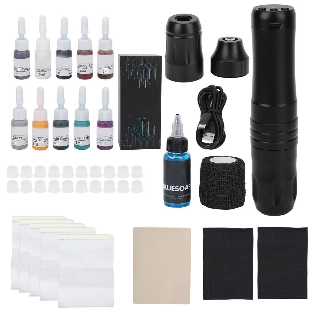 Cordless Rotary Tattoo Pen Kit Blue Soap Practice Skin RCA Battery Motor Tattoo Machine Set for