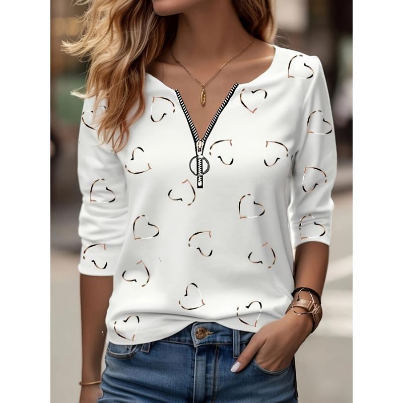 2026 Women's New Casual Heart Print Long Sleeve V-Neck Zipper T-Shirt