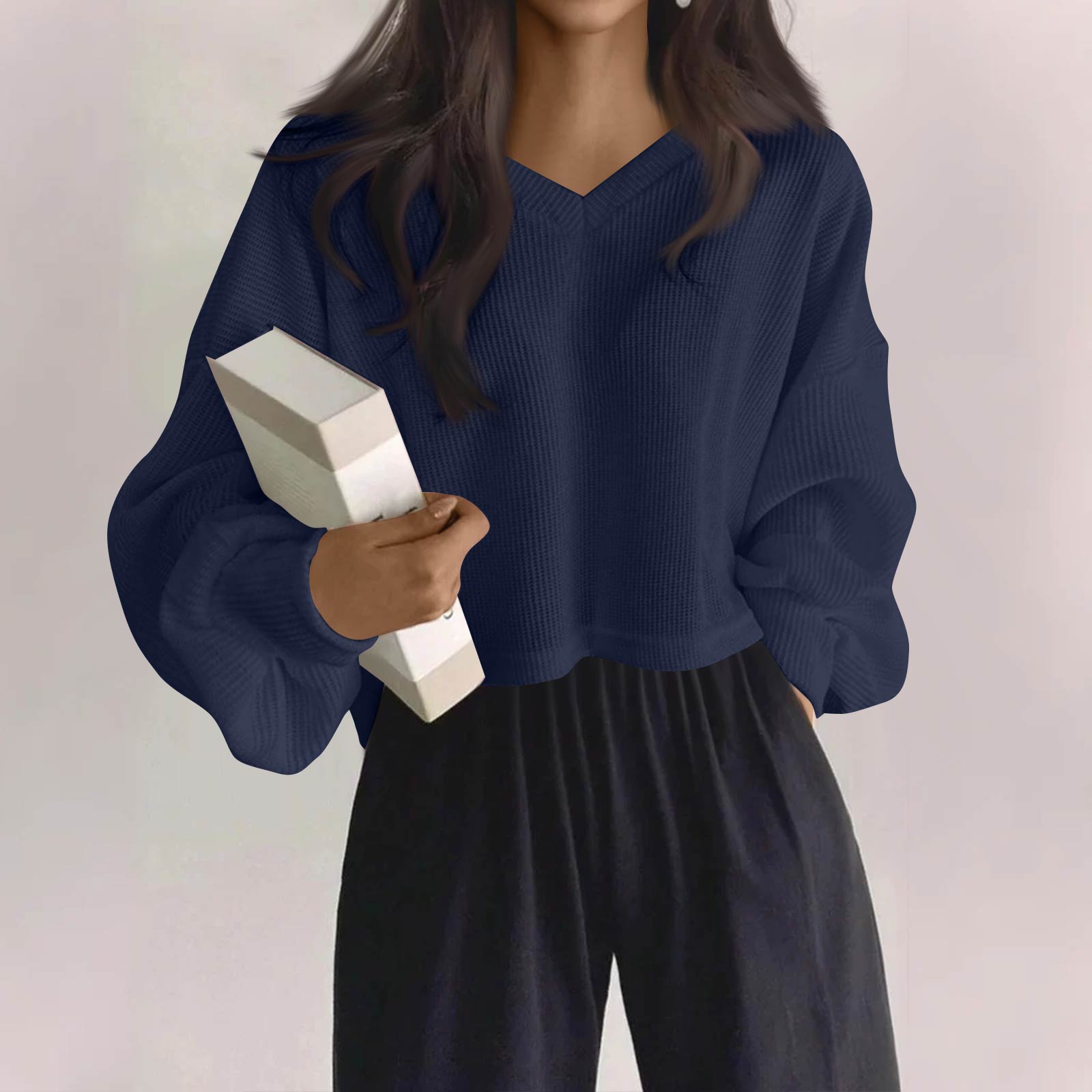 

Женский модный повседневный топ с V-образным вырезом, однотонный, с длинным рукавом XXL тёмно-синий