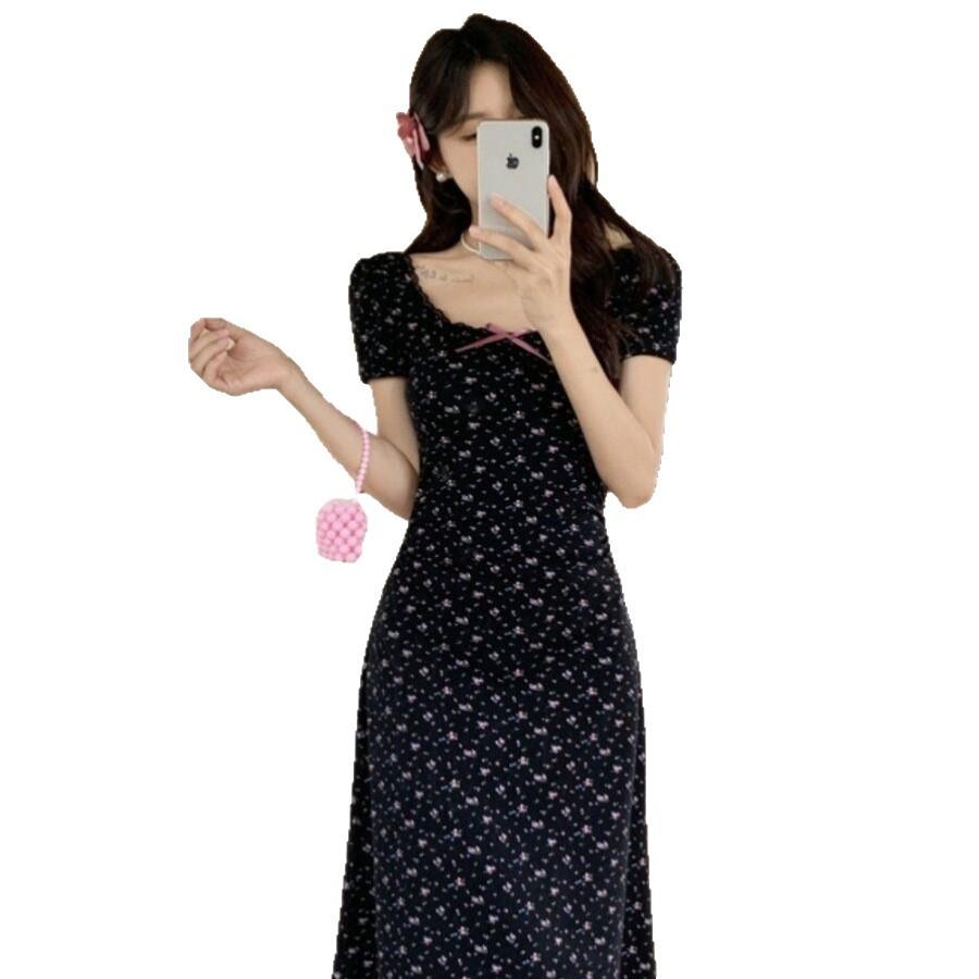 2026 Large Size Women's French Black Waist Floral Short-sleeved Dress Summer Long Skirt Fat Mm Belly and Thin