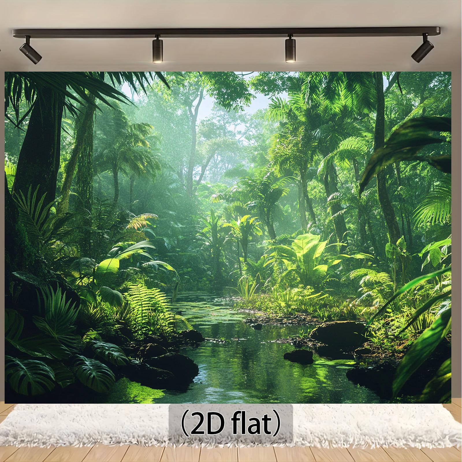 1 piece of tropical jungle forest stream background fabric - lush green vegetation, trees and water features as the background 130x150cm