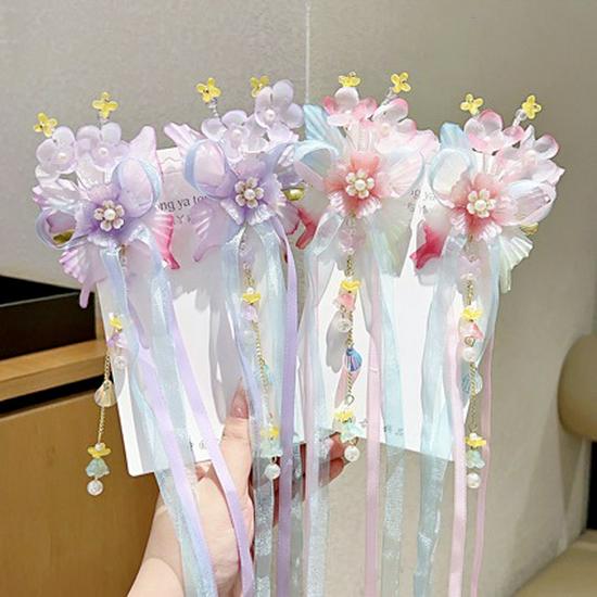 Ancient Style Hanfu Princess Butterfly Hair Clips with Long Ribbons - Children's Chinese Fairy Hair Accessories (Pair)