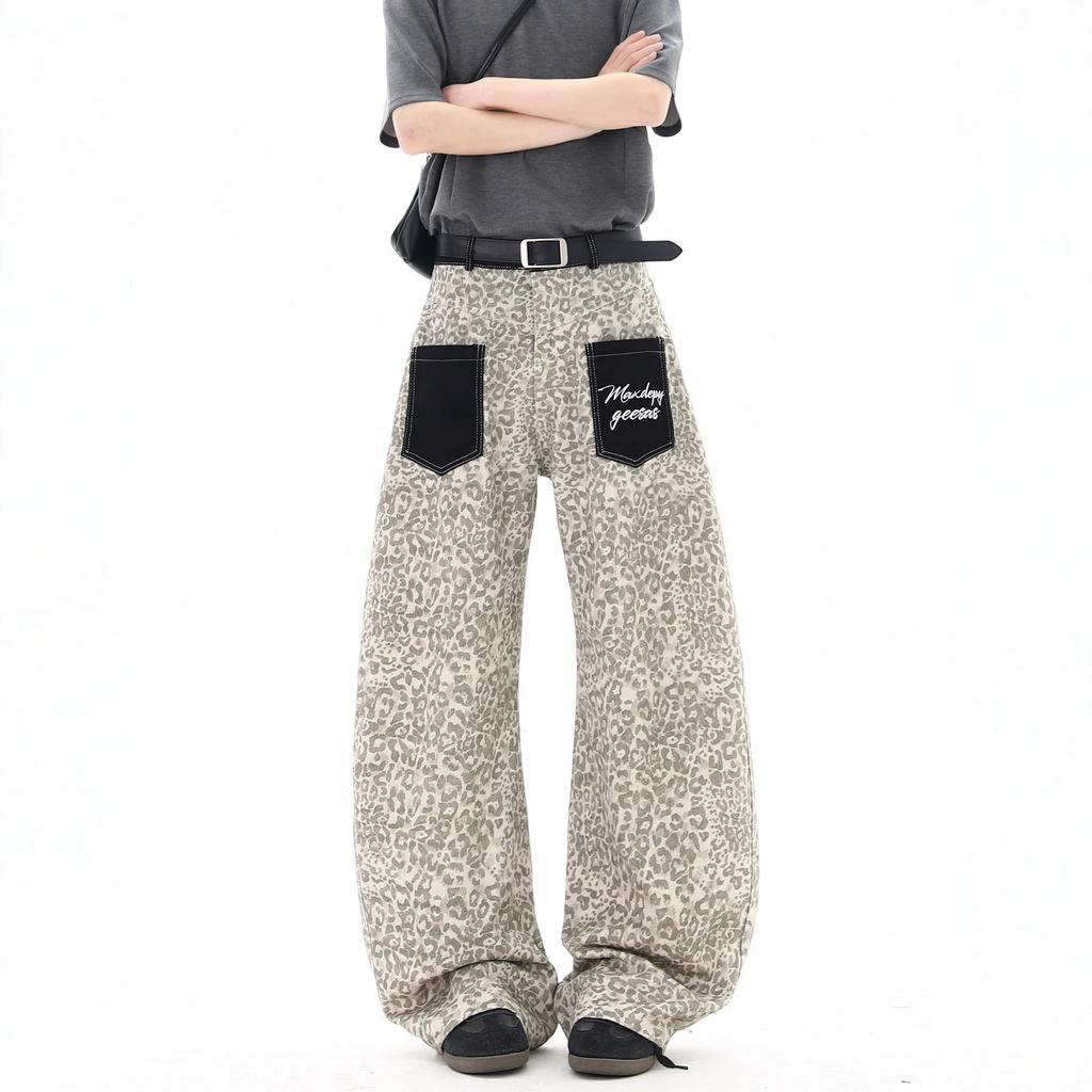 American Leopard Print Patch Pocket Jeans Men's and Women's Summer High Street Design Scimitar Pants Loose Large Size Wide Leg Pants