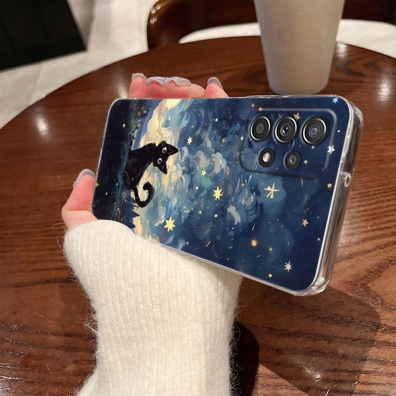 Retro Oil Painting Starry Sky Cat Clear Phone Case For Samsung Galaxy A56 A57 A37 A55 A54 A36 A35 A26 A25 A16 A17 A07 A52 Cover