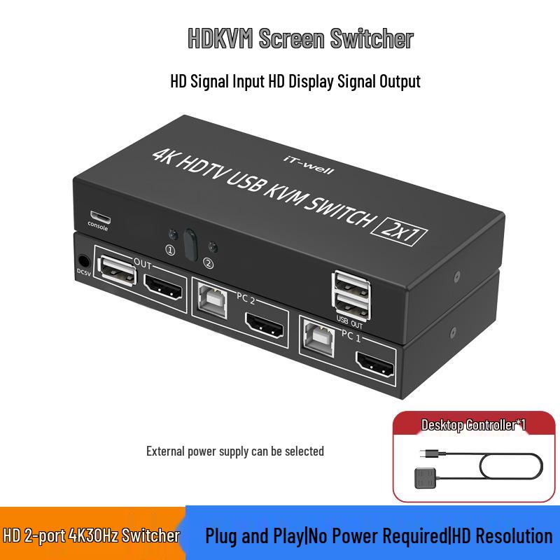 4K 30Hz 2-Port Manual KVM Switch for Keyboard, Mouse, Monitor, USB Drive Sharing Between 2 Computers