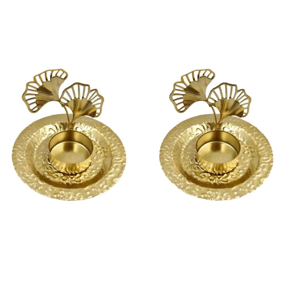 2 Pcs Exquisite Leaf Candlestick Stand Gold Iron Candle Holder Plant Shape Candlestick  Desktop