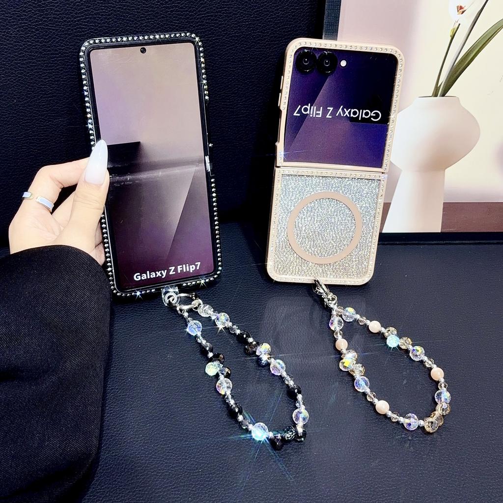 Fashion Glitter Inlaid Diamond Magnetic Phone Case for Samsung Z Flip 7 EF 6 5 4 3 Crystal Lanyard Shockproof Portable Cover