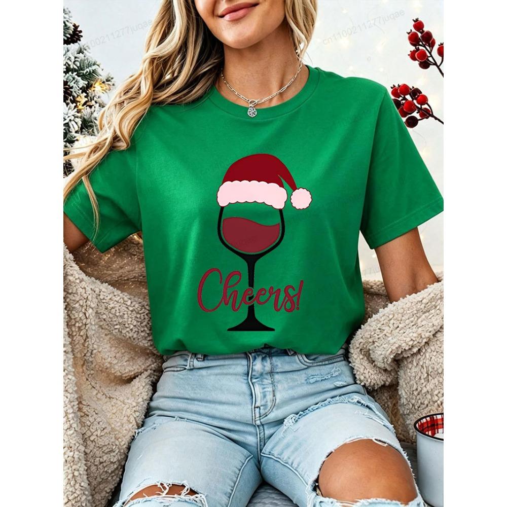 Drinking Christmas T‑shirt Funny Cheers Wine Graphic T-Shirts Short Sleeve Tee Casual Xmas Holiday Tops Gift for Wine Lovers