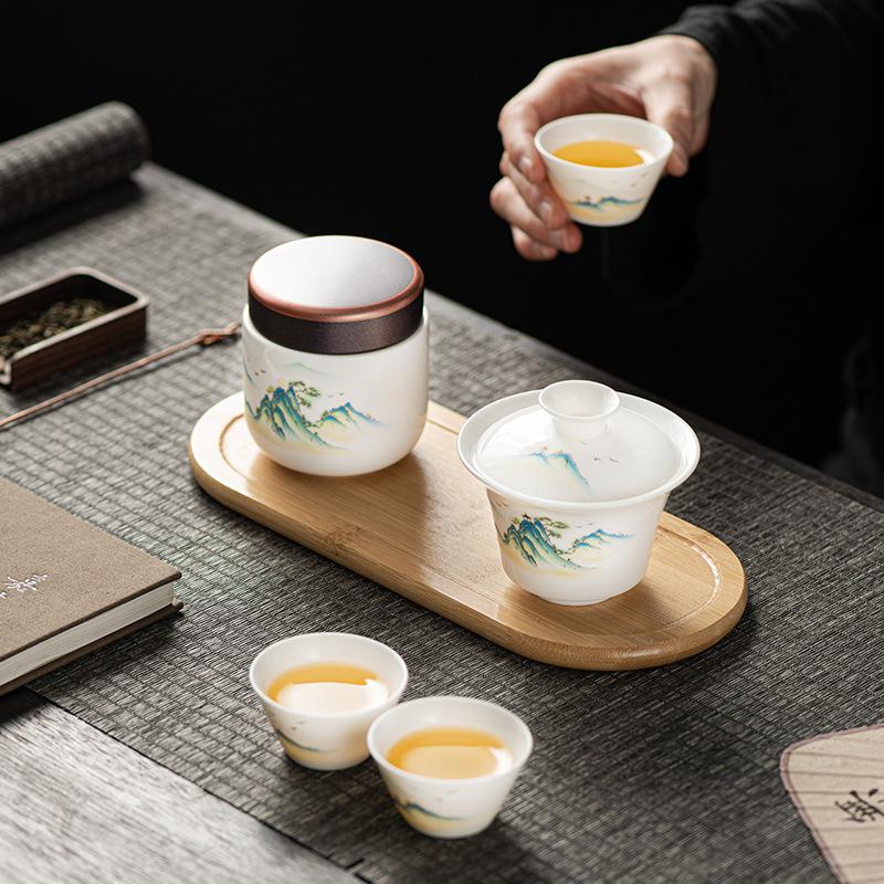 Suet Jade White Porcelain Travel Kung Fu Tea Set Outdoor Portable Simple Teapot Ceramic Tea Set Gift Box