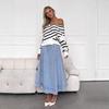 Women's High Waist A-Line Maxi Skirt Loose Fit Casual Solid Blue Denim Skirt