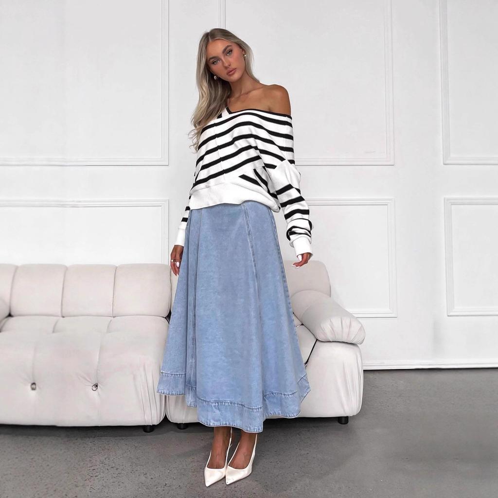 Women's High Waist A-Line Maxi Skirt Loose Fit Casual Solid Blue Denim Skirt