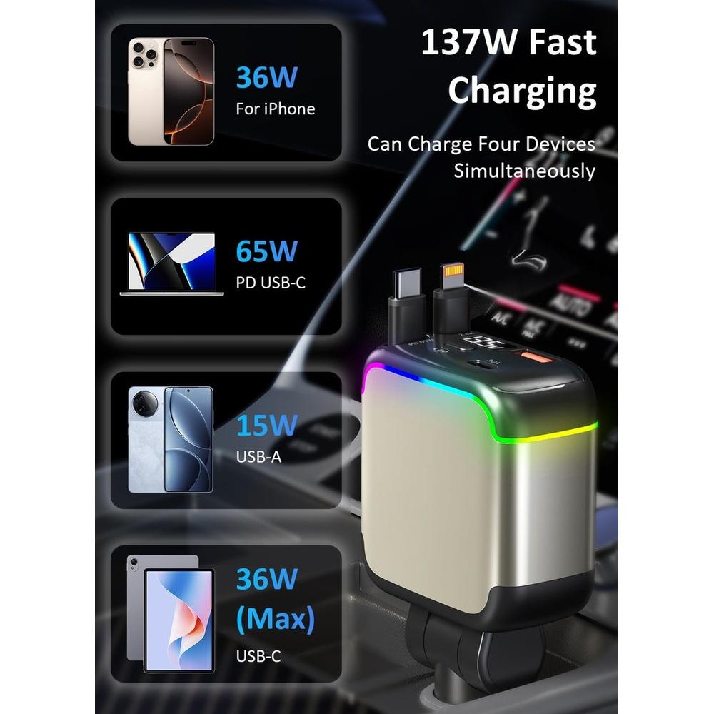 137W Retractable Car Charger for Lighter PD 65W Fast Charging Car Charger 90cm Retractable Lightning and Type-C Cables USB-A and USB-C Port Over-heat