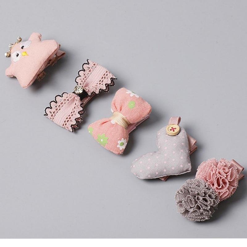 Set of 5 Pcs Girls' Fabric Heart Star Hair Clips Set Flower Hairpin Bow Children's Hair Accessories