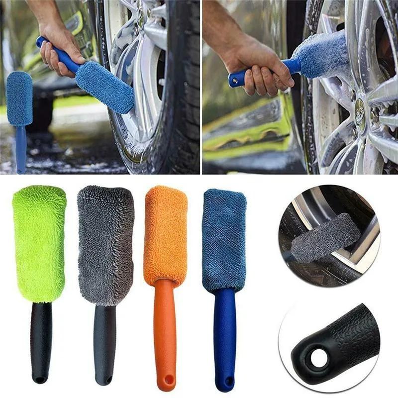 Car Wheel Wash Brush Portable Microfiber Tire Rim with Plastic Handle Auto Trunk Motorcycle Detailing Cleaning Accessories Tool