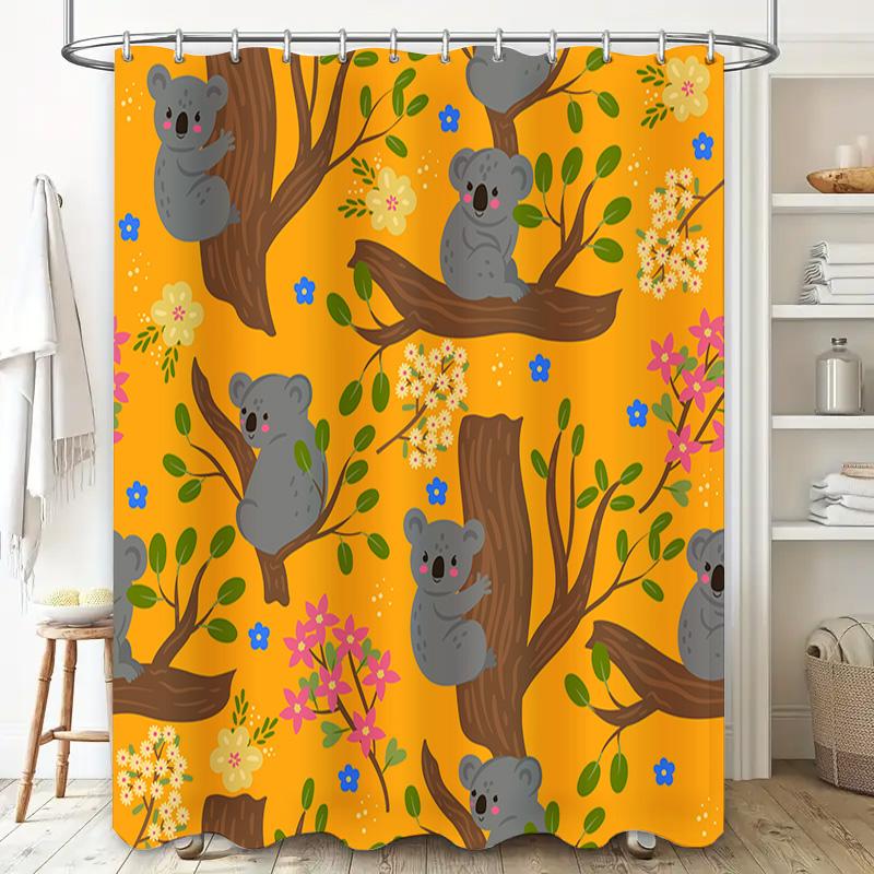 Koala Tree Branch Shower Curtain Fabric Waterproof Bathroom Decoration for Kids Room In Yellow Color with Flowers Design 128-cha