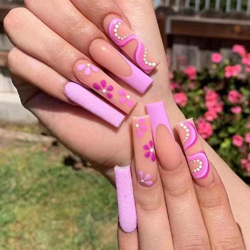 24 Peças Unhas Postiças Rosa Estampa de Leopardo Com Laço Quadrado Ponta Francesa Médio Longo Cobertura Total Unhas Postiças Manicure