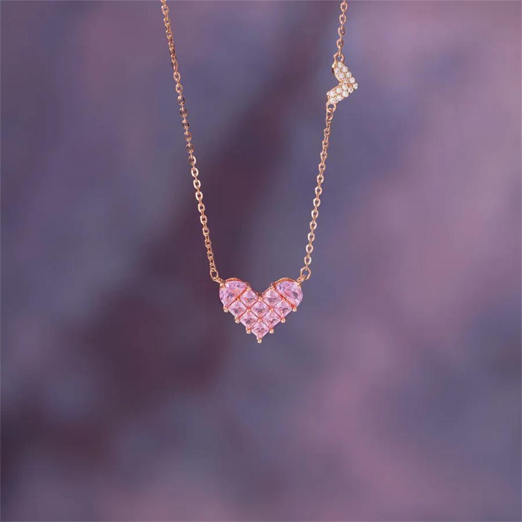 Pink heart-shaped zircon necklace, sweet and lovely girl, plated with real gold for color preservation
