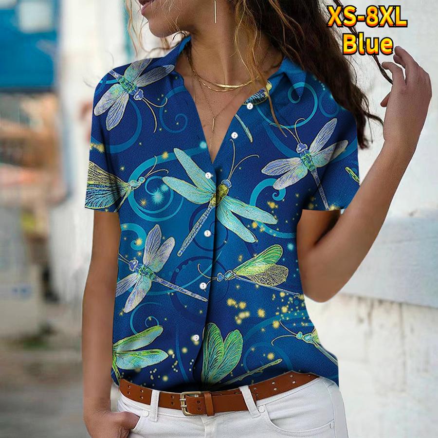 2025 Léto Nová Móda Dámská Květinová Krátký Rukáv Výstřih do V Ležérní Halenka s Knoflíky