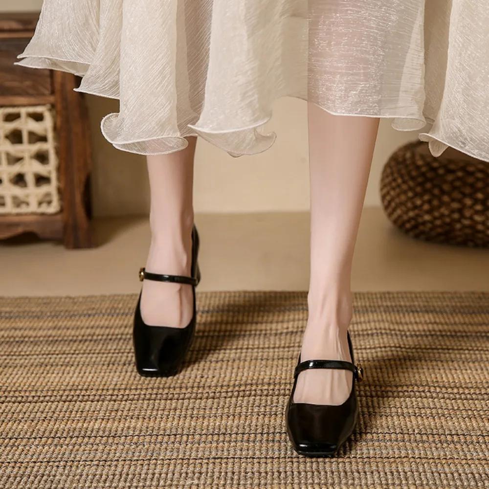 Fashion Mary Jane Leather Shoes Spring and Autumn New French Square Toe High Heels Retro One-piece Belt Shallow Mouth Single Shoes Women