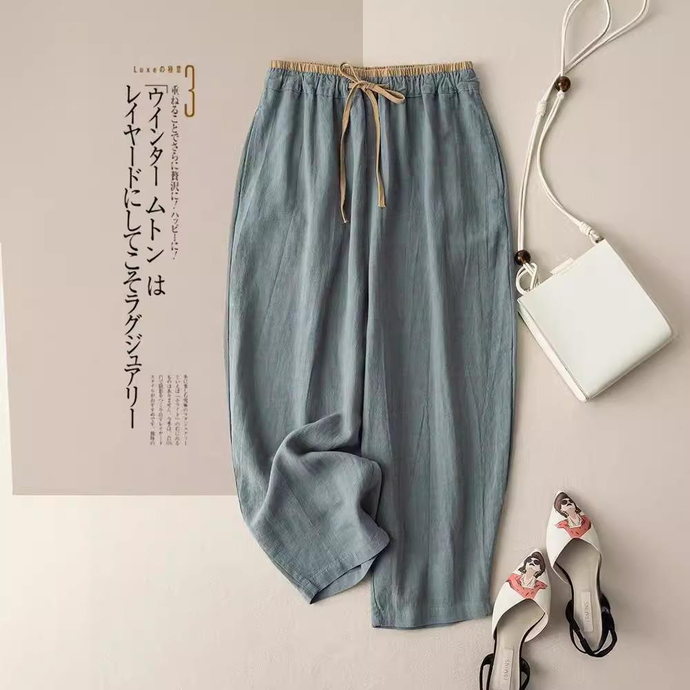 Retro Cotton and Linen Loose Harem Pants Elastic Drawstring Waist Casual Pants Basic All-match Wide-leg Ankle Pants